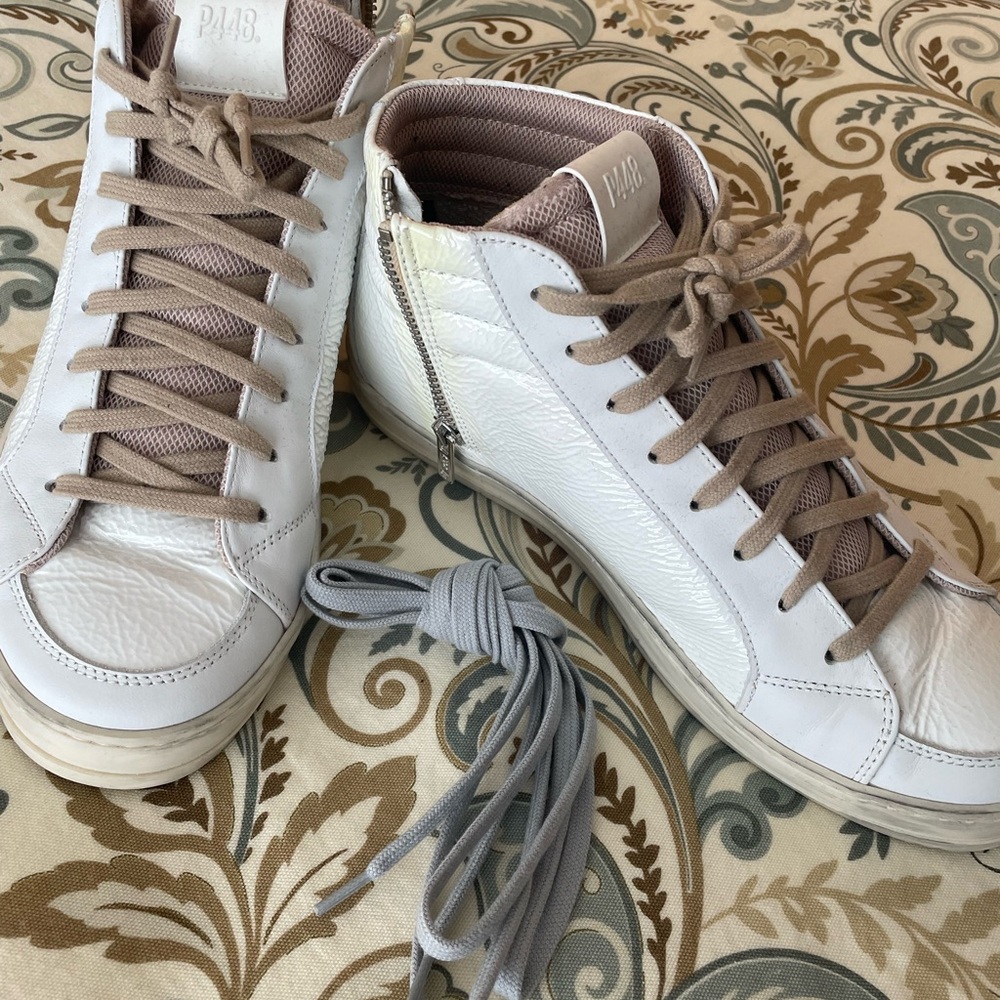 P448 White and Tan High-Top Sneakers